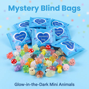 Blue mystery bags with colorful mini animal and mushroom figures