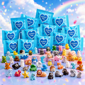 Blue mystery blind bags with a large assortment of colorful mini animal figurines