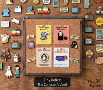 Assorted Tiny Relics enamel pins displayed on a cork board