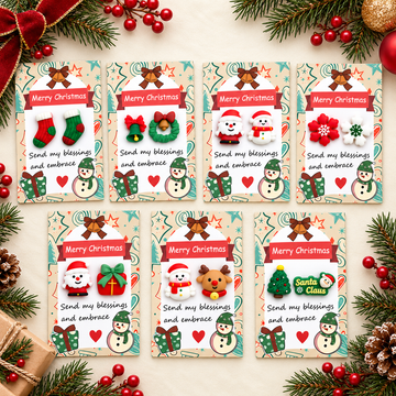 Seven Christmas pocket hug cards with fourteen resin charms in a festive holiday flat lay