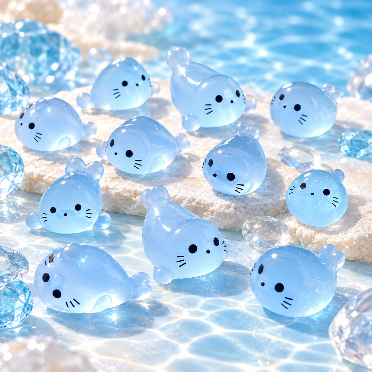 Assorted translucent glow-in-the-dark mini seal resin figurines on an icy blue studio background