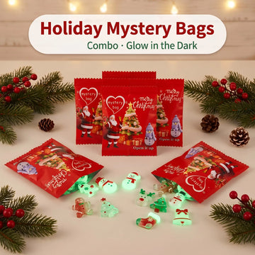 Mini Glow-in-the-Dark Christmas Resin Figurines | Holiday Surprise Mystery Blind Bag Santa Snowman Decorative Multi-Piece Combo Pack