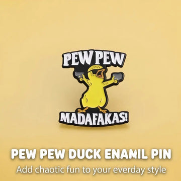 Funny Pew Pew Duck Enamel Pin | Hardcore Cartoon Meme Lapel Pin