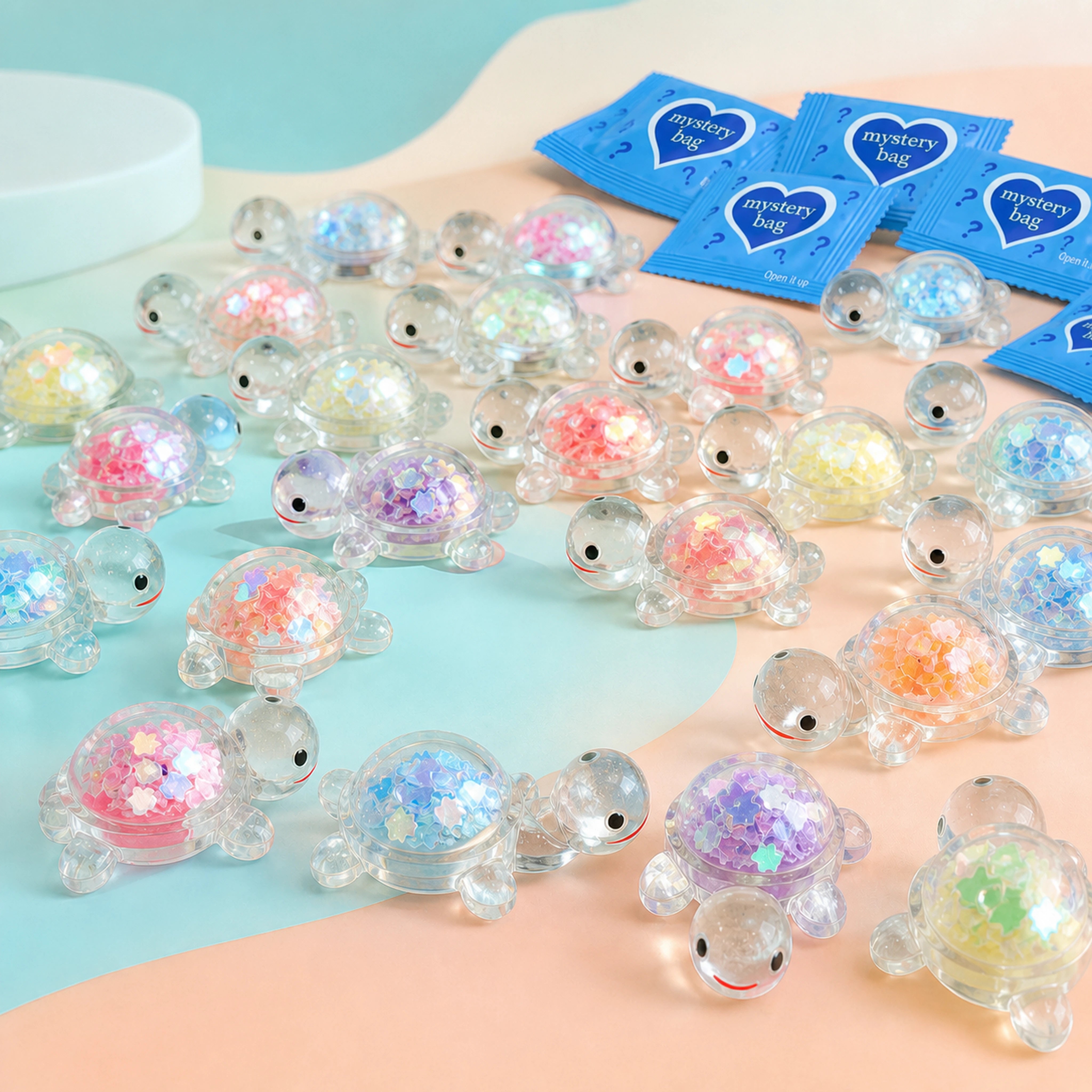 Large assortment of transparent glow-in-the-dark glitter turtle mini figurines with blue mystery bags