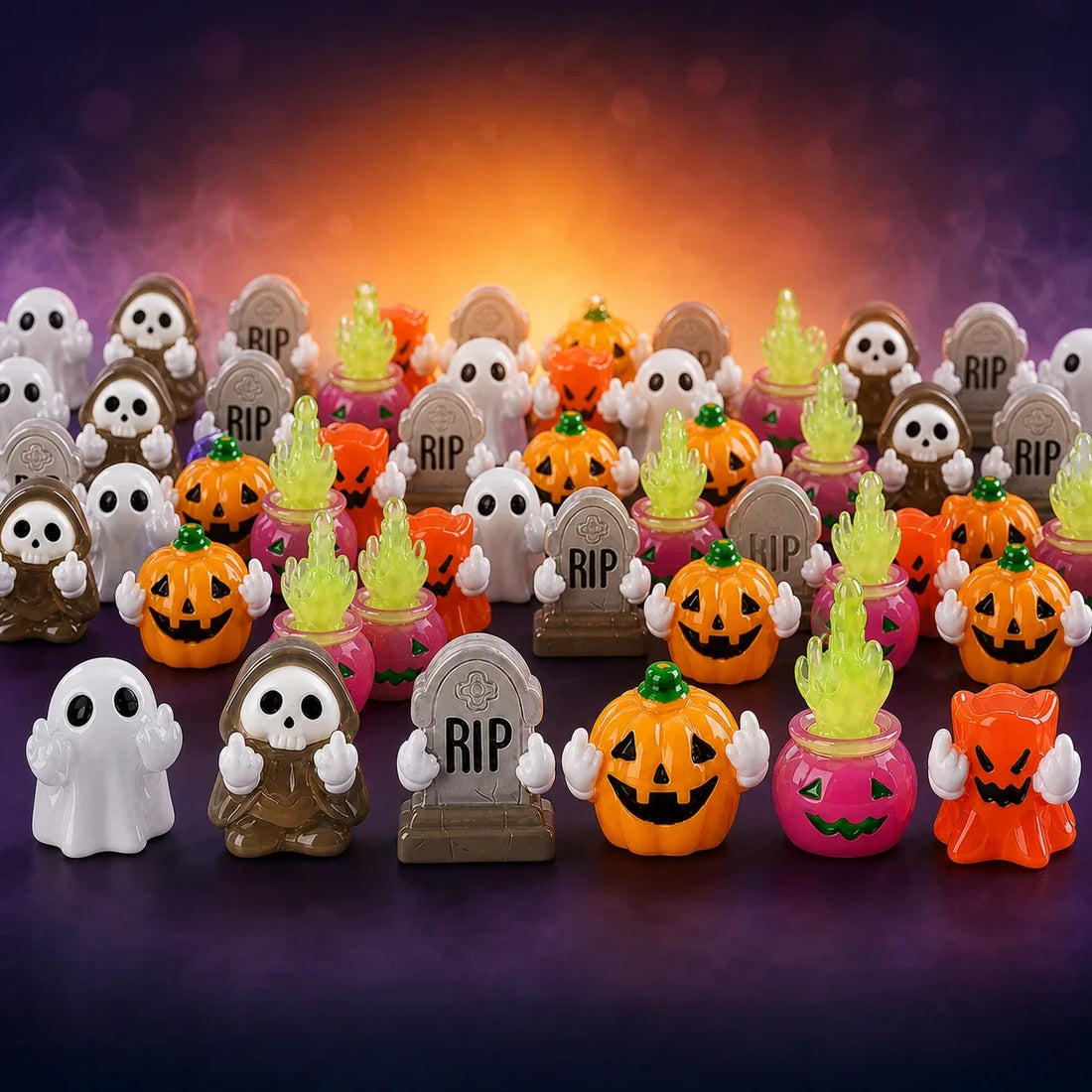 Bulk Halloween resin miniature assortment on purple orange background