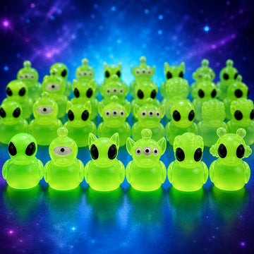 Bulk alien duck miniatures on blue violet space background