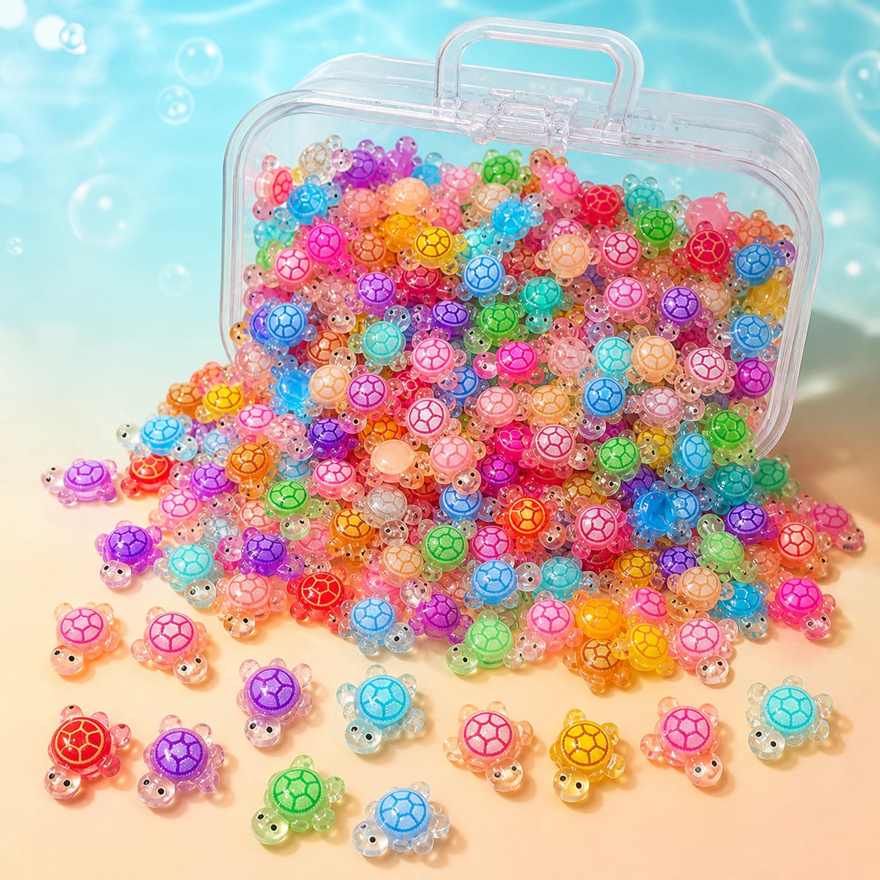 Bulk multicolor mini resin turtle charms with clear storage case
