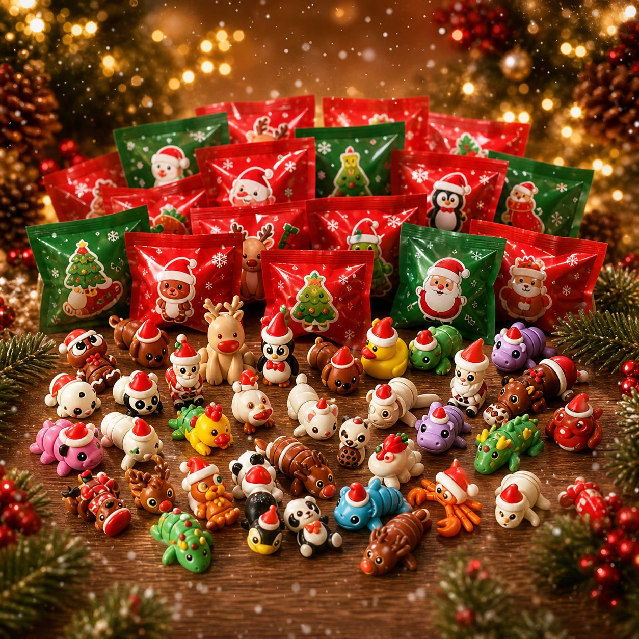 Individually wrapped Christmas animal mystery blind bags with assorted 3D printed toys