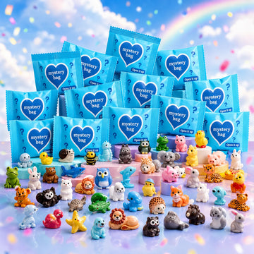 Blue mystery blind bags with a large assortment of colorful mini animal figurines