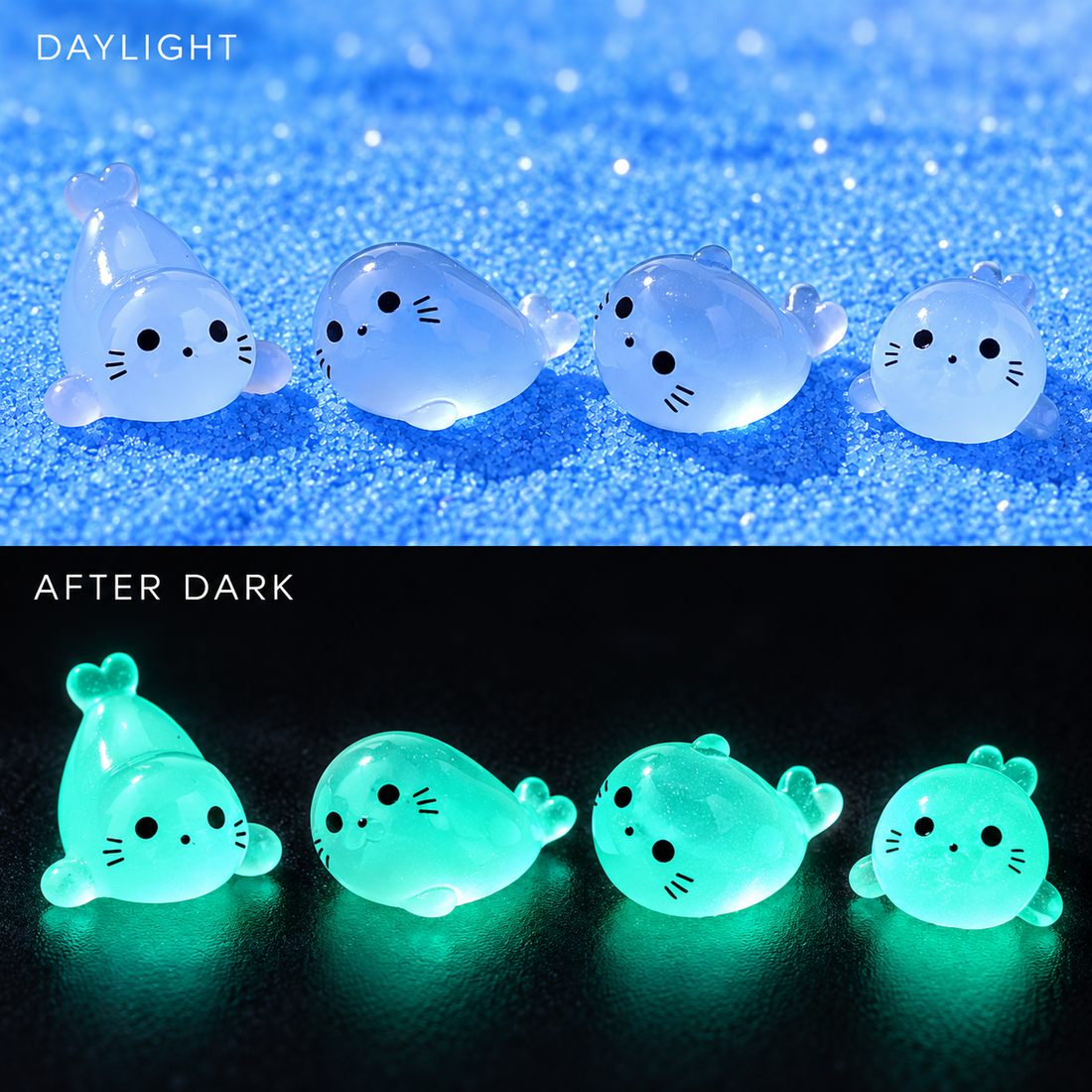 Assorted translucent glow-in-the-dark mini seal resin figurines on an icy blue studio background