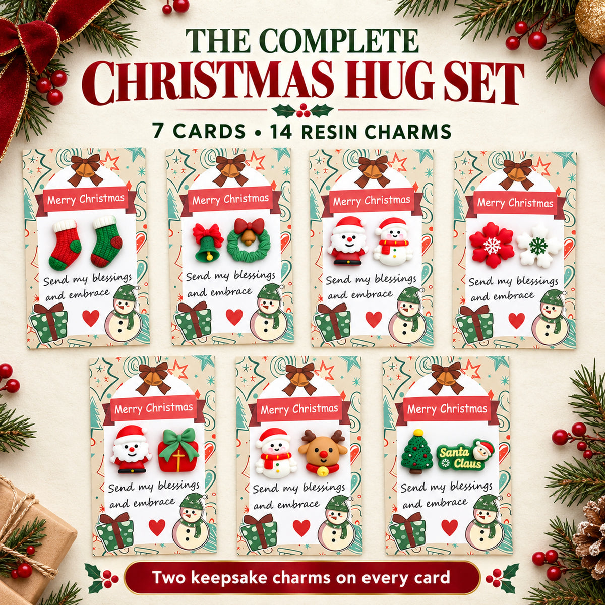 Complete seven-card Christmas pocket hug set with fourteen raised resin charms