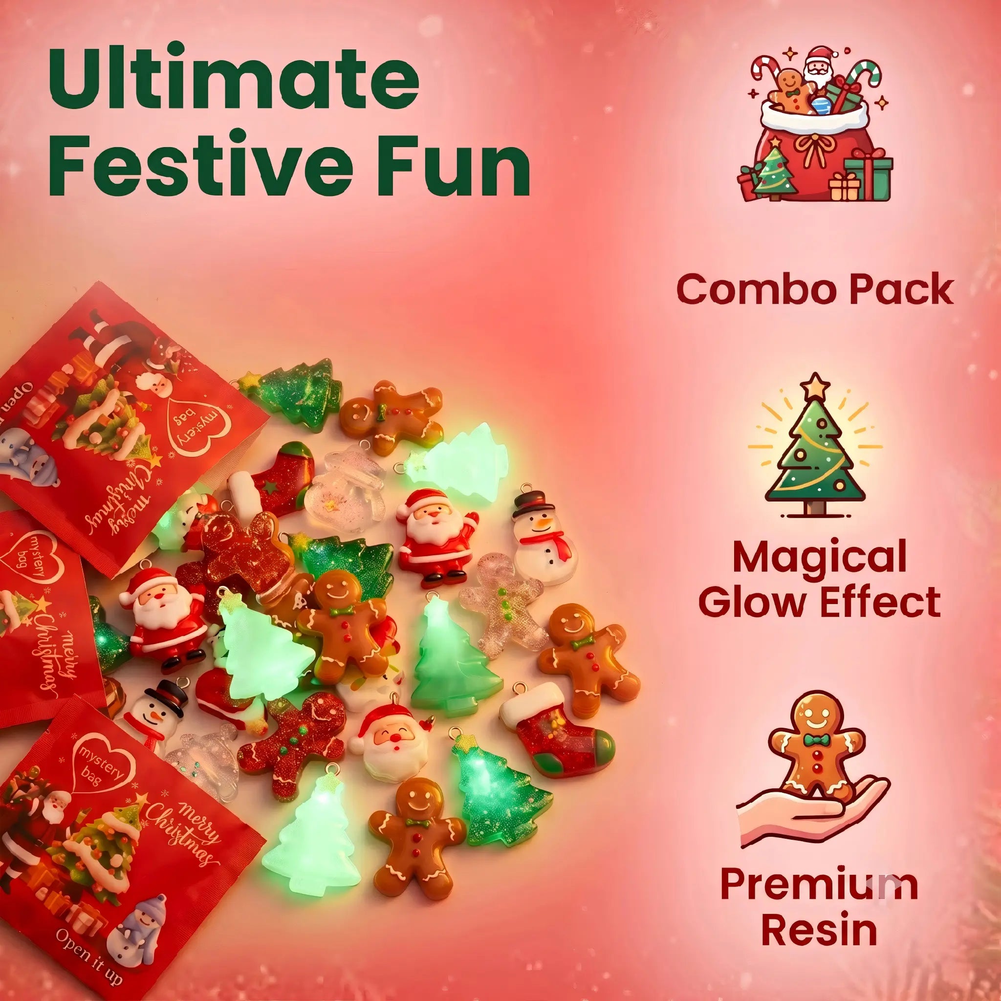 Mini Glow-in-the-Dark Christmas Resin Figurines | Holiday Surprise Mystery Blind Bag Santa Snowman Decorative Multi-Piece Combo Pack
