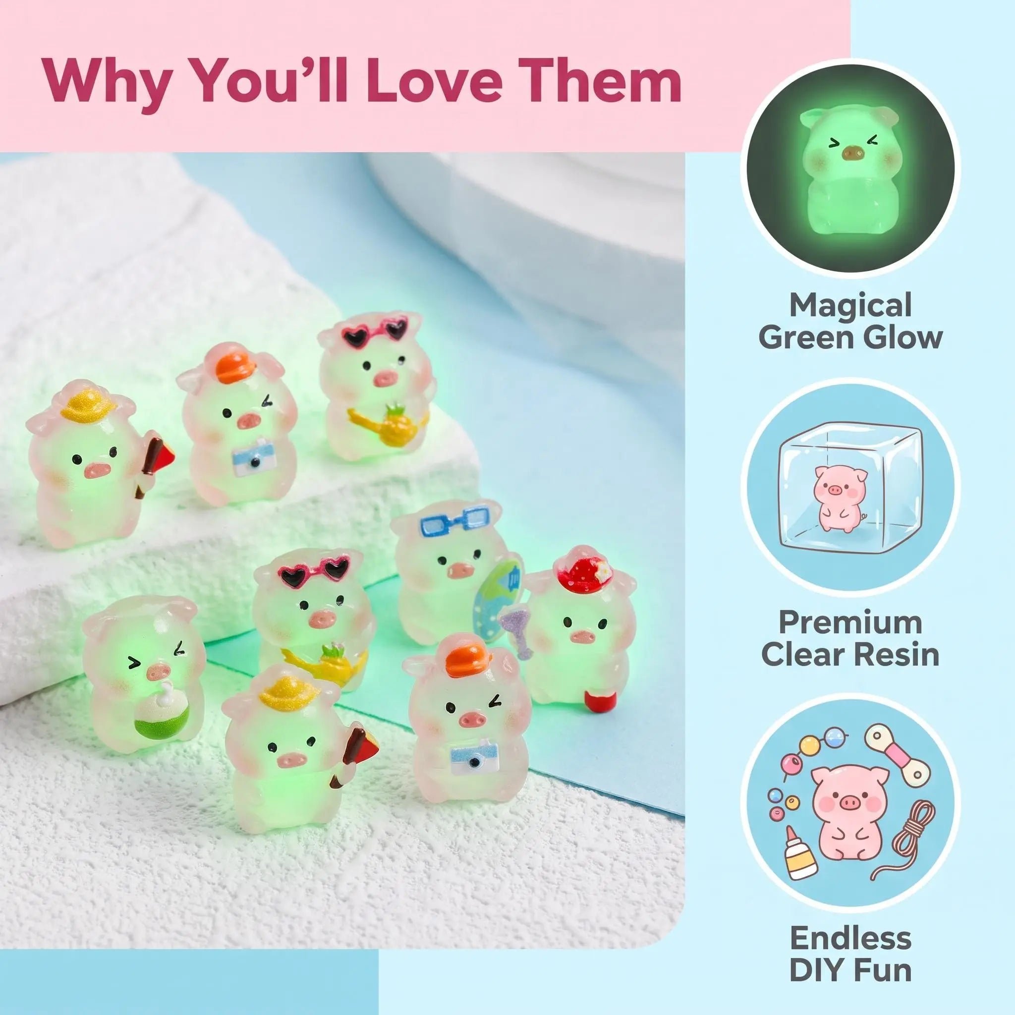 Mini Glow-in-the-Dark Pink Pig Figurines | Cute Summer Resort Mystery Bulk Grab Bag Luminous Micro Landscape Decorative Pieces