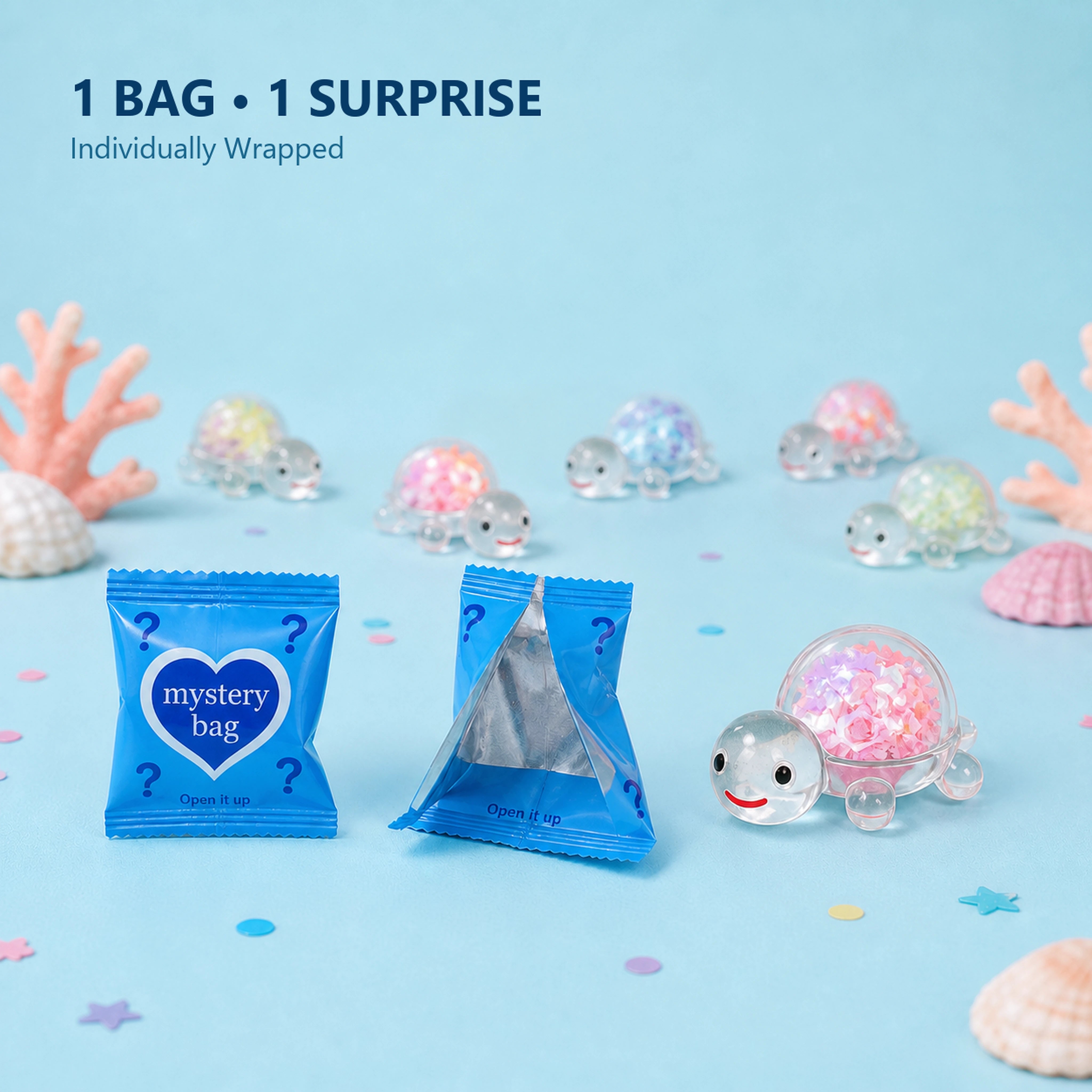 One individually wrapped mystery bag reveals one transparent glitter turtle figurine