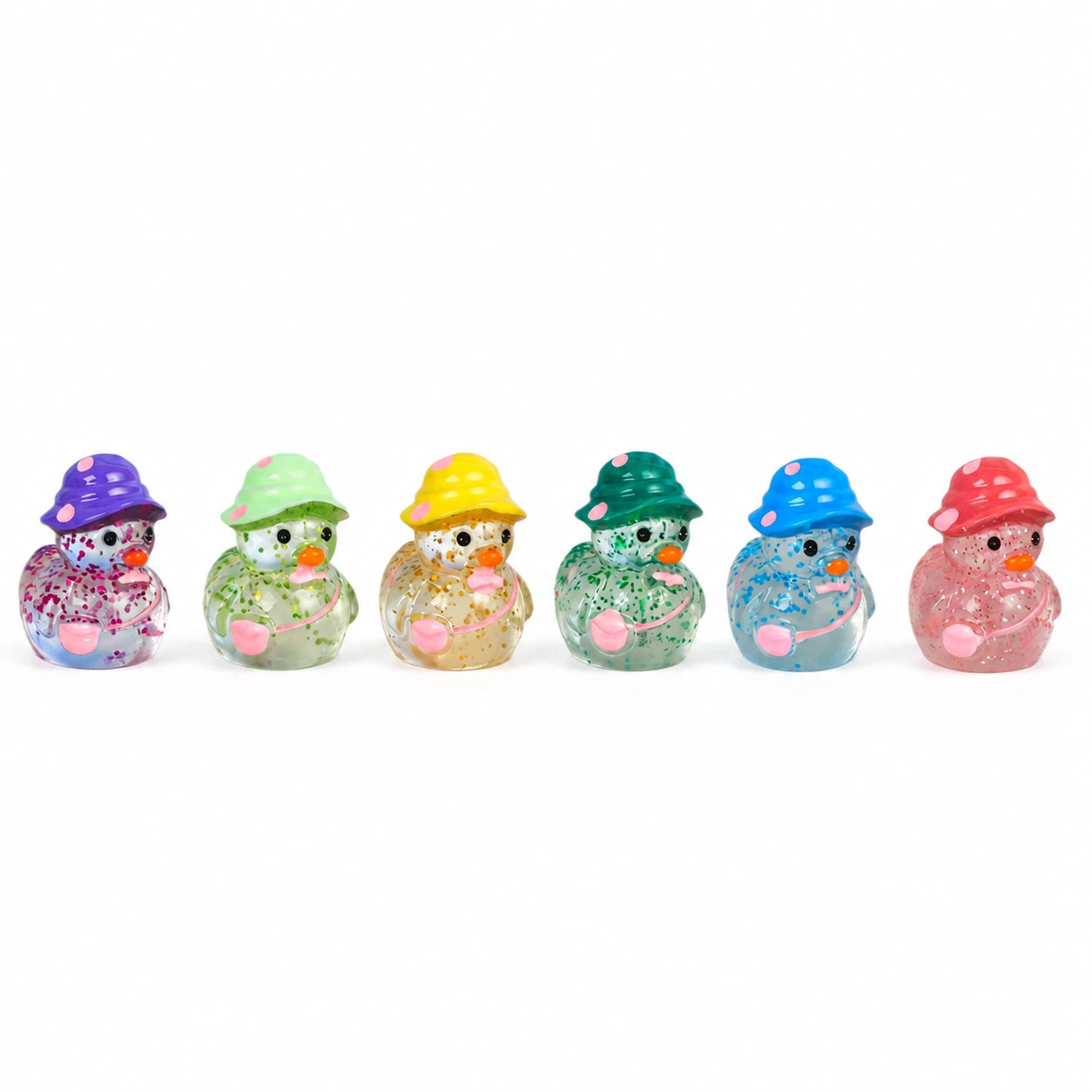 Six colorful translucent glitter duck resin miniatures