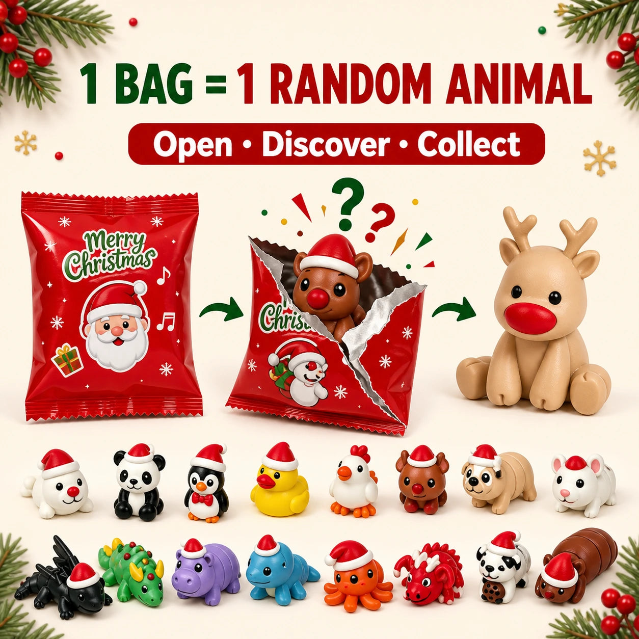 One blind bag reveals one random Christmas animal toy