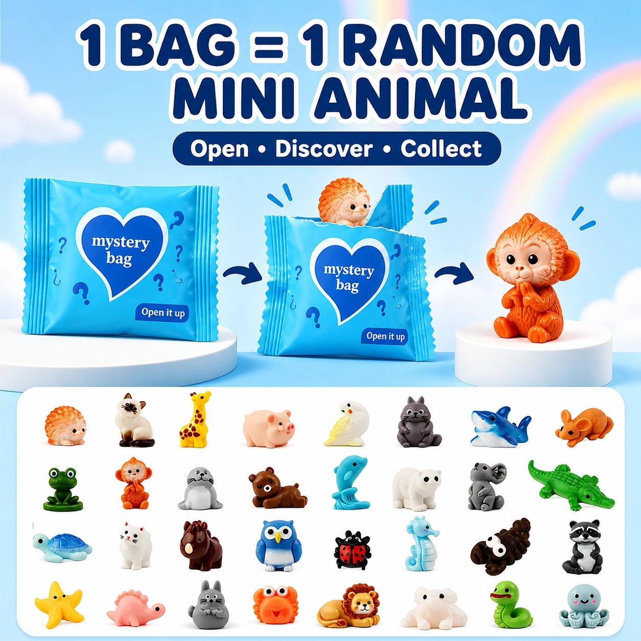 One blue blind bag reveals one random mini animal figurine