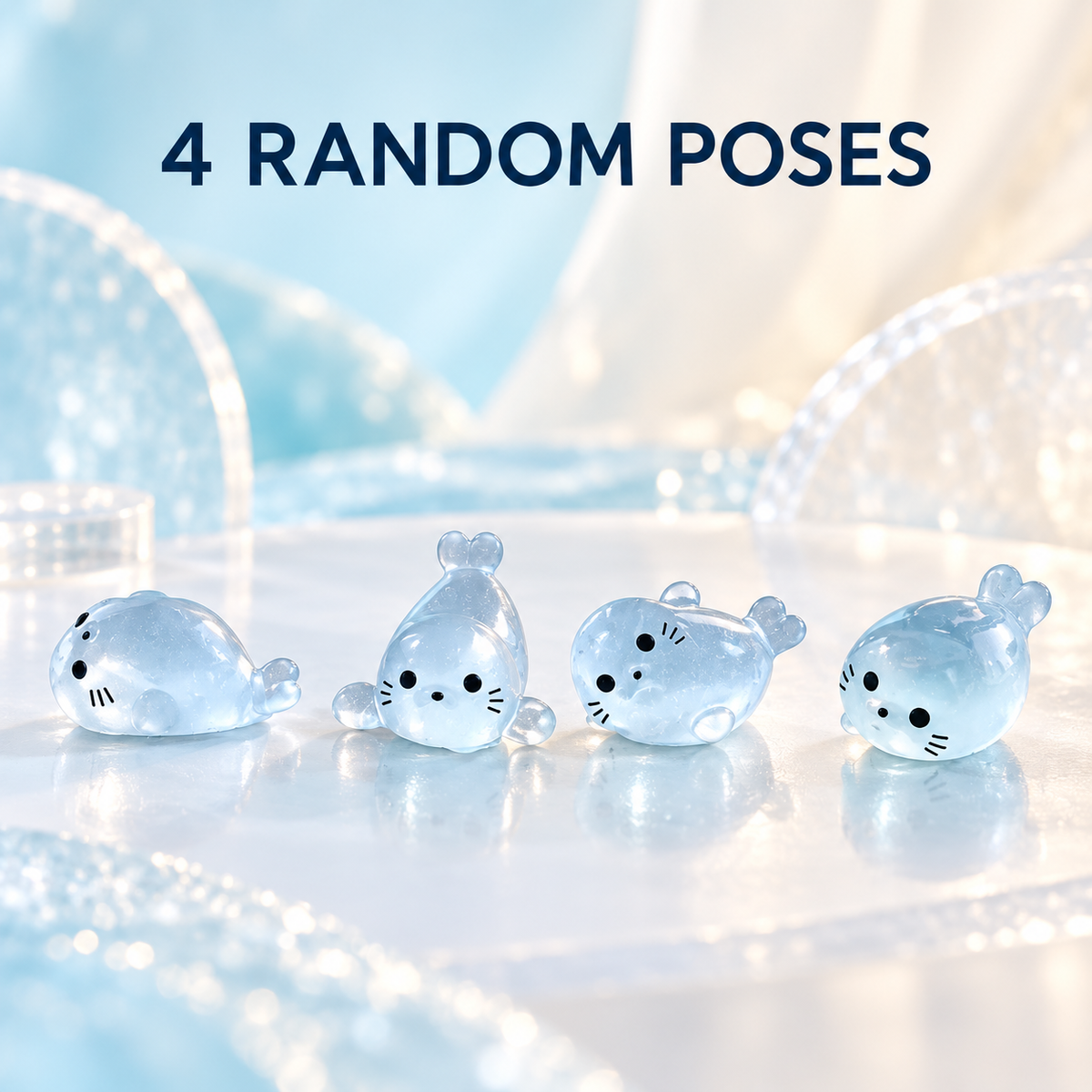 Four random pose variations of translucent blue mini seal figurines