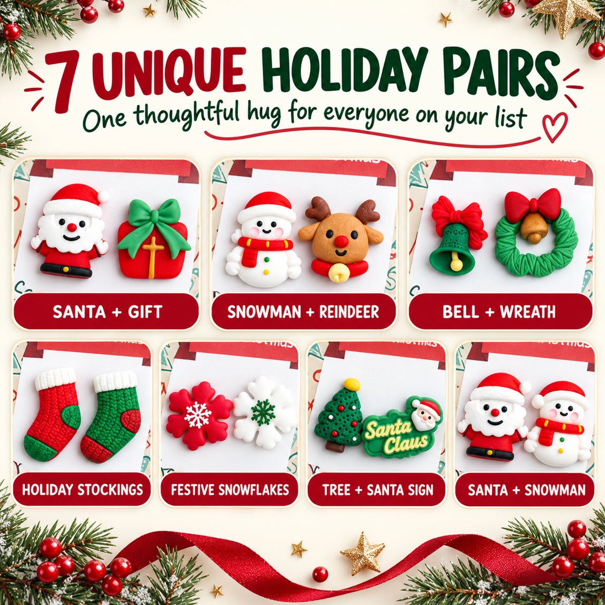 Seven unique Christmas resin charm pairs including Santa, snowman, stockings, wreath and snowflakes