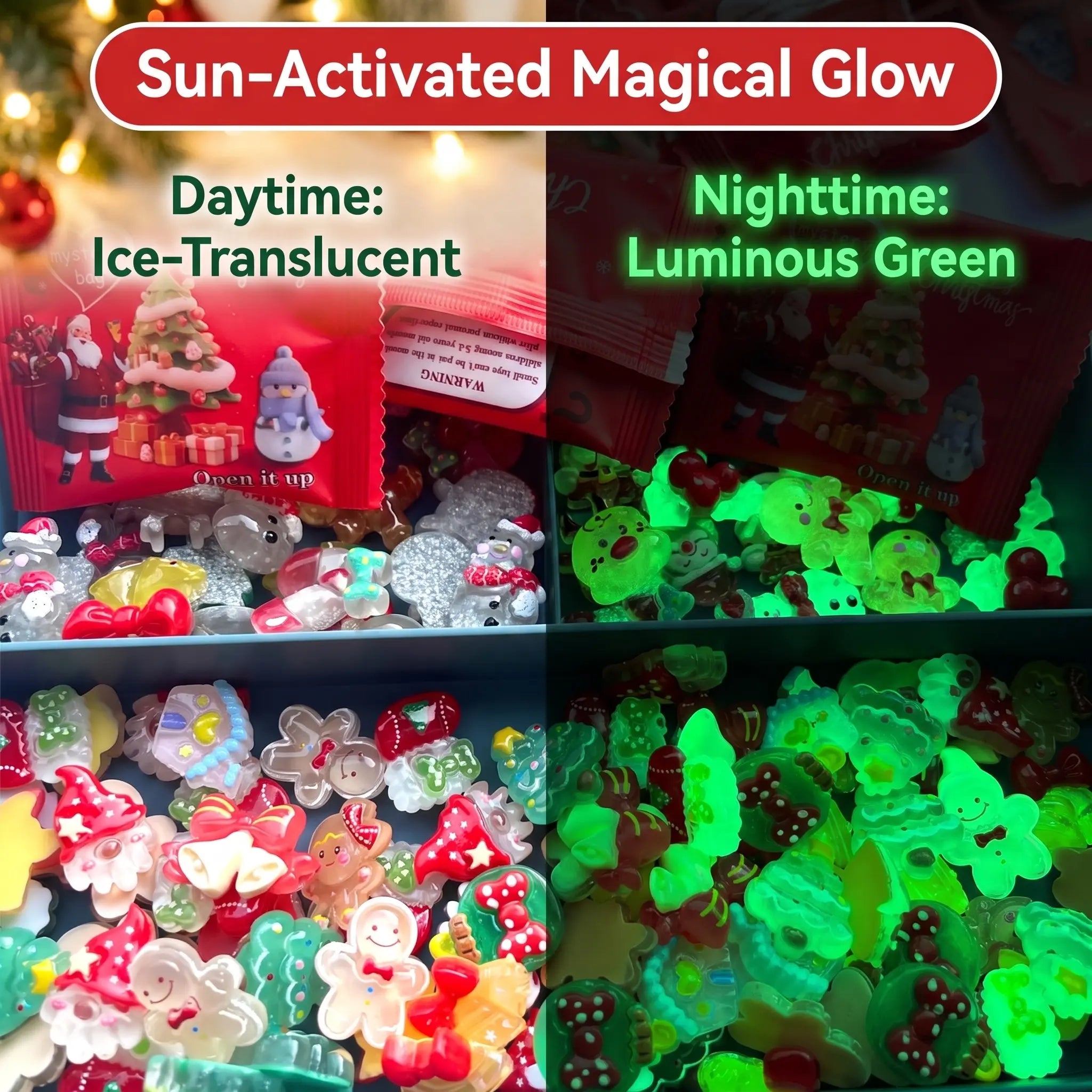Mini Glow-in-the-Dark Christmas Resin Figurines | Holiday Surprise Mystery Blind Bag Santa Snowman Decorative Multi-Piece Combo Pack