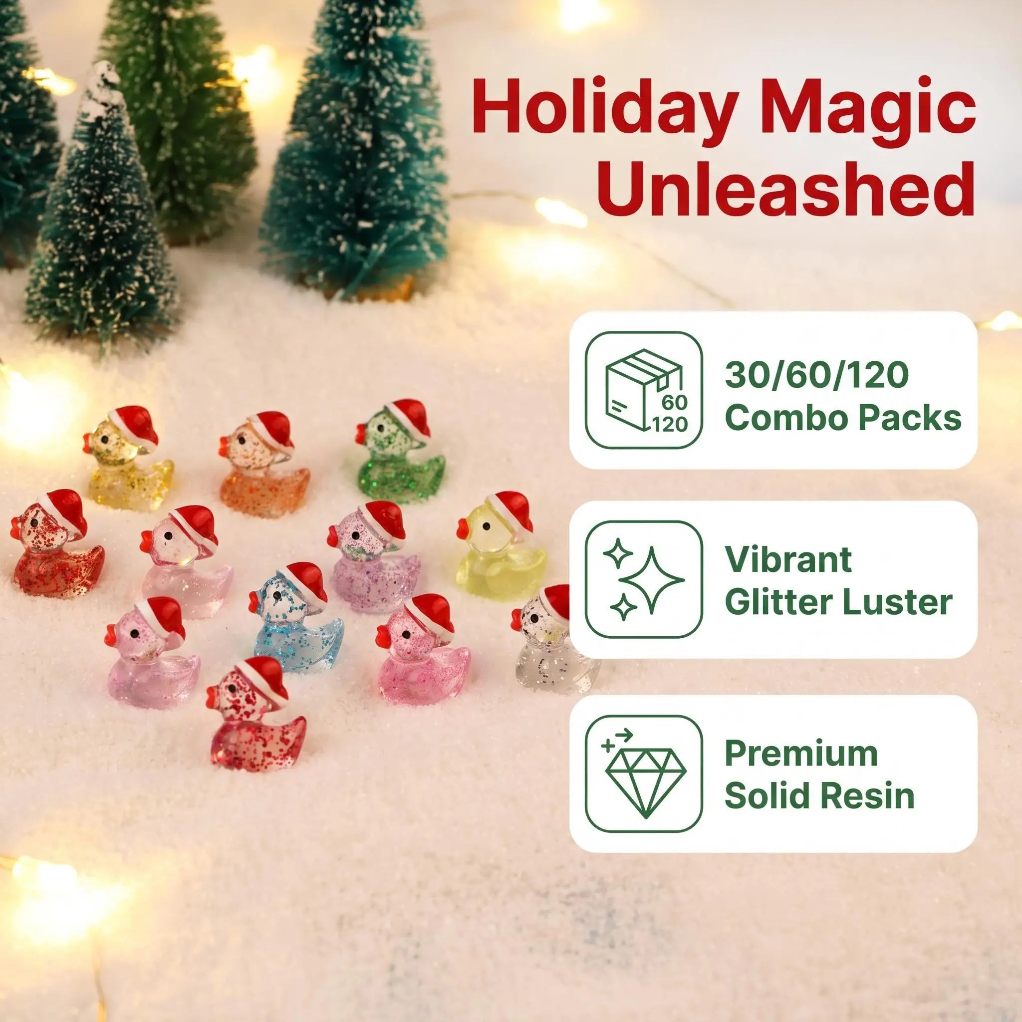 Mini Christmas Glitter Resin Ducklings | Colorful Holiday Santa Hat Mystery Bulk Grab Bag Miniature Festive Decor Pieces
