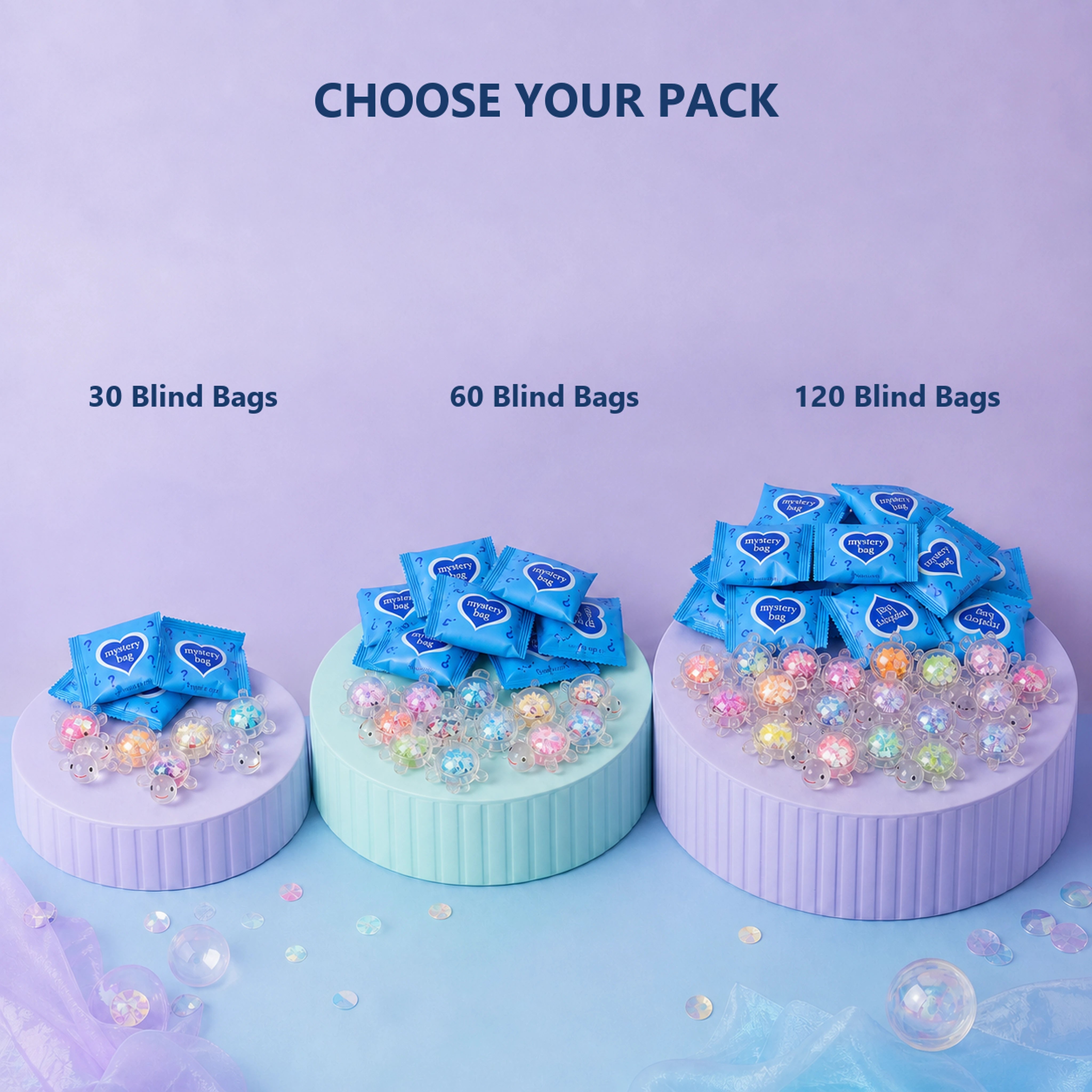 Choose 30, 60 or 120 individually wrapped glitter turtle mystery bags