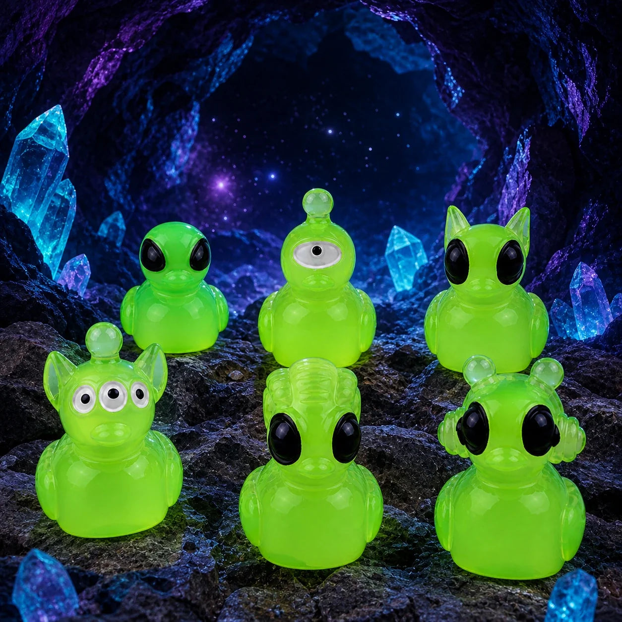 Alien duck miniatures in a crystal cave