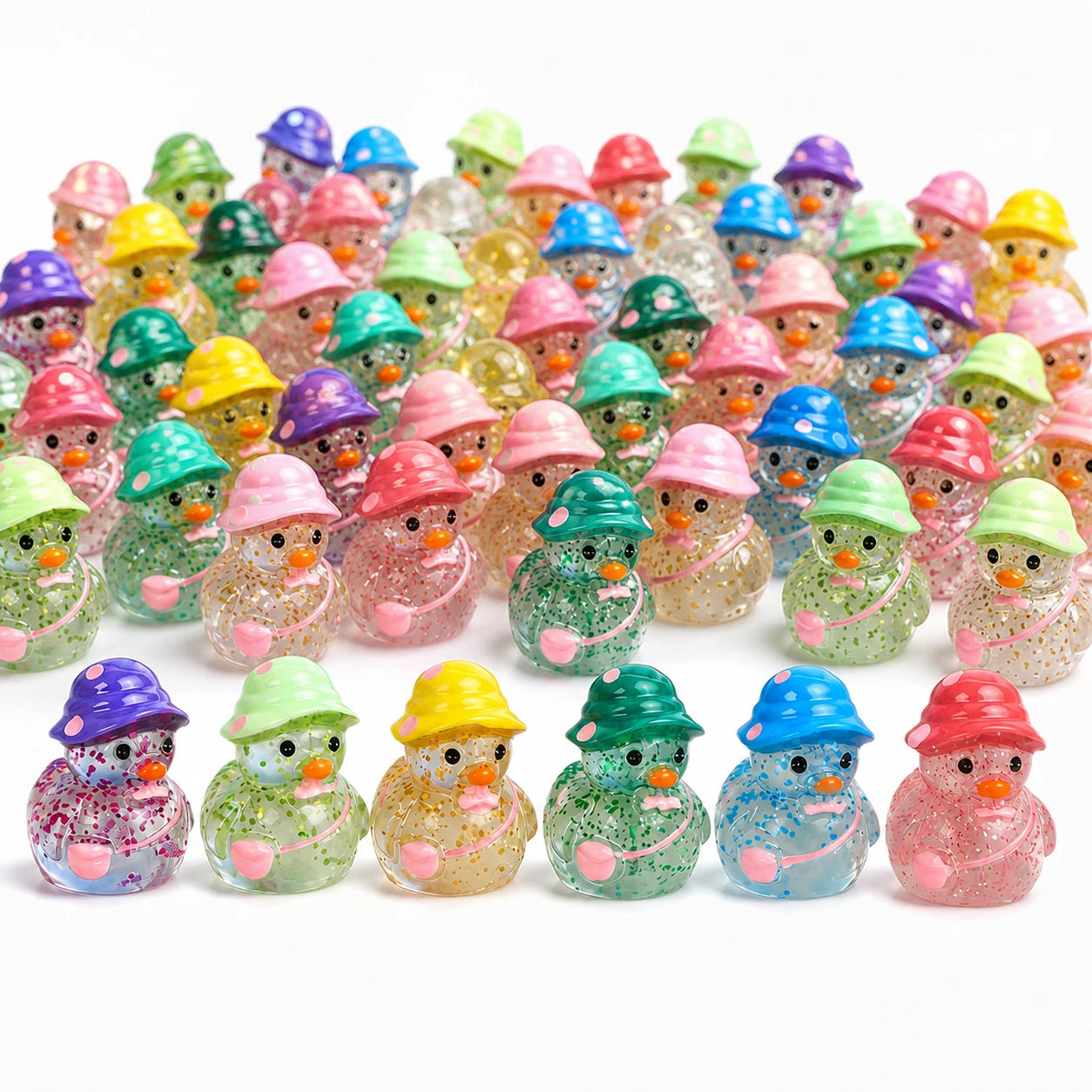 Large random mix of colorful glitter duck miniature decorations