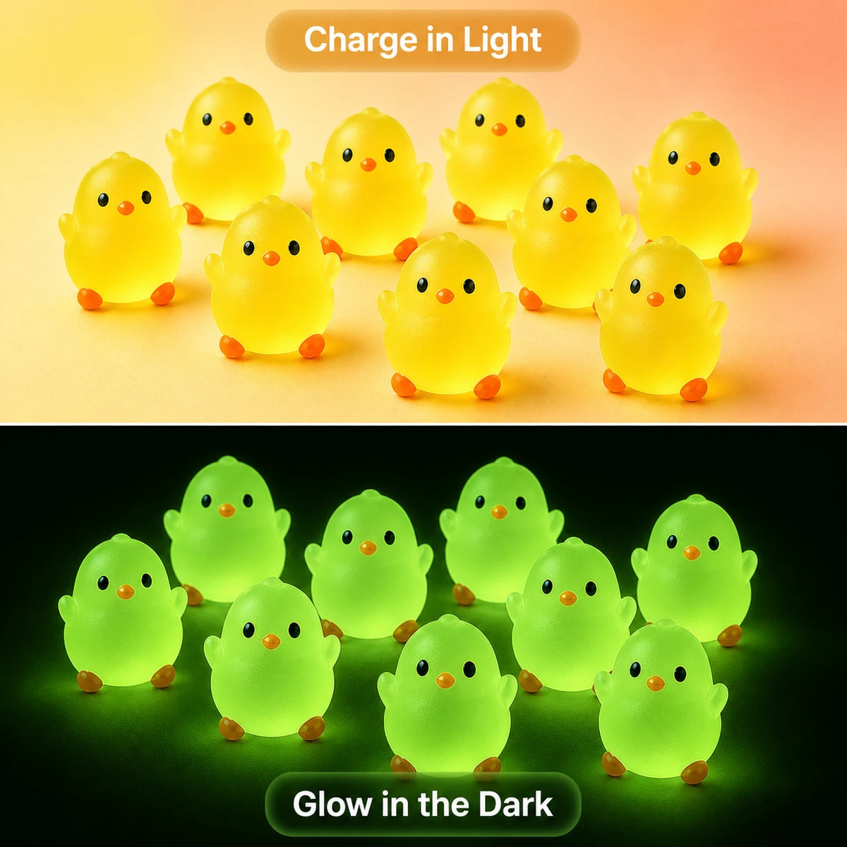 Mini resin chicks charging in light and glowing in the dark