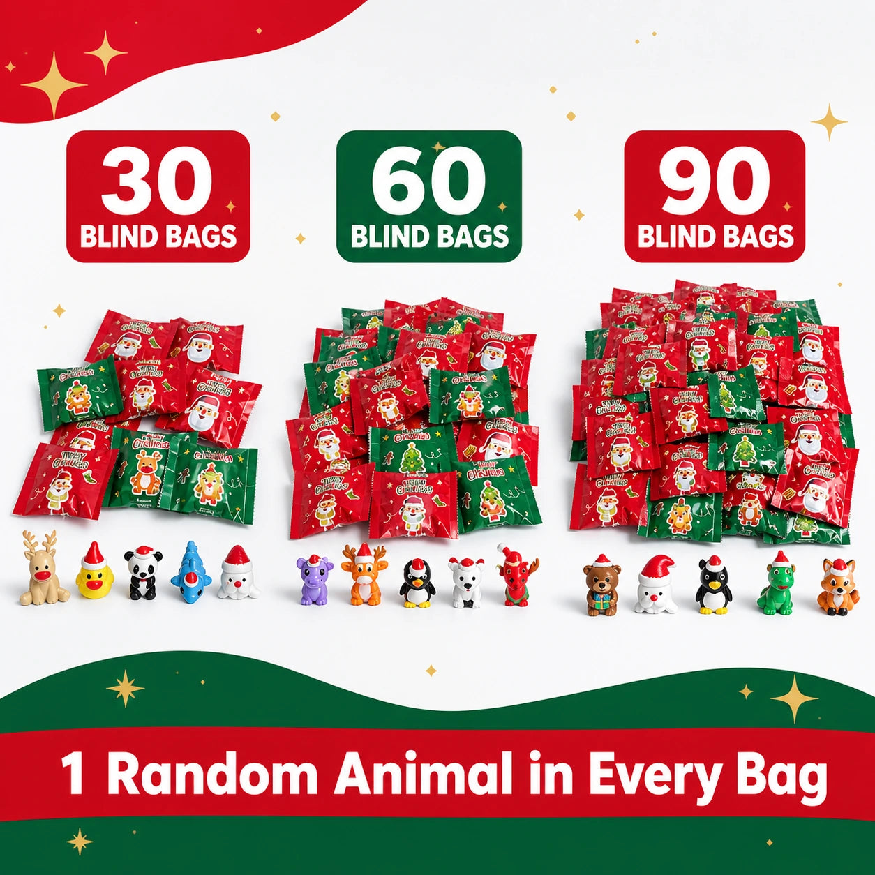 Thirty sixty or ninety individually wrapped Christmas animal blind bags