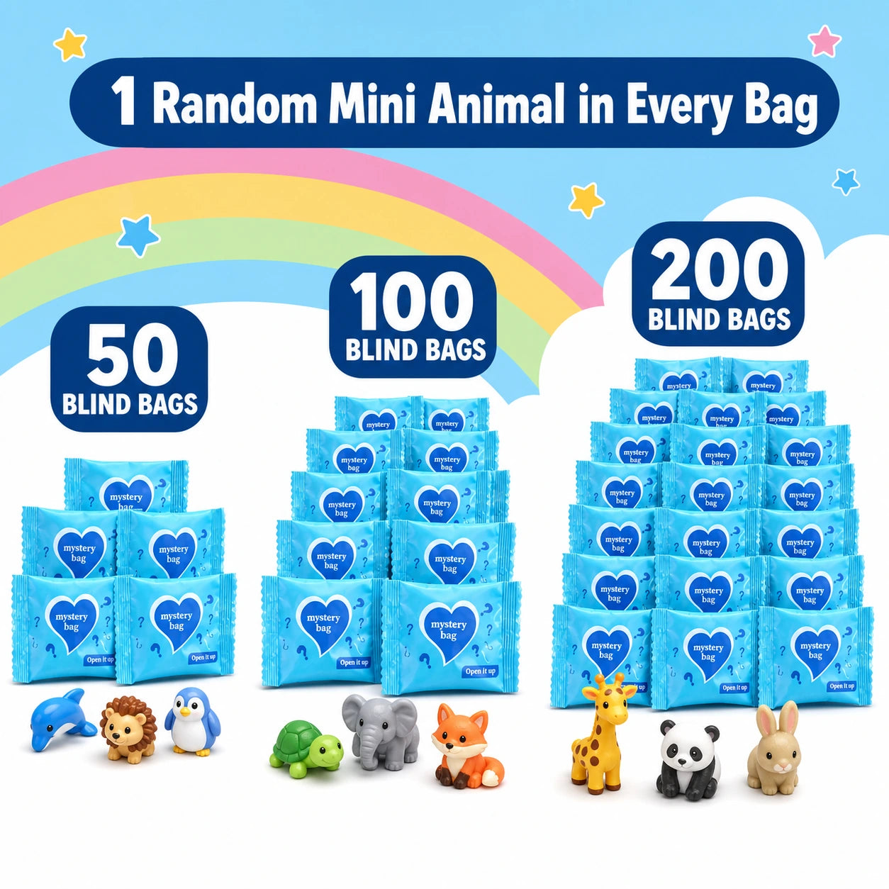 Fifty one hundred or two hundred individually wrapped mini animal blind bags