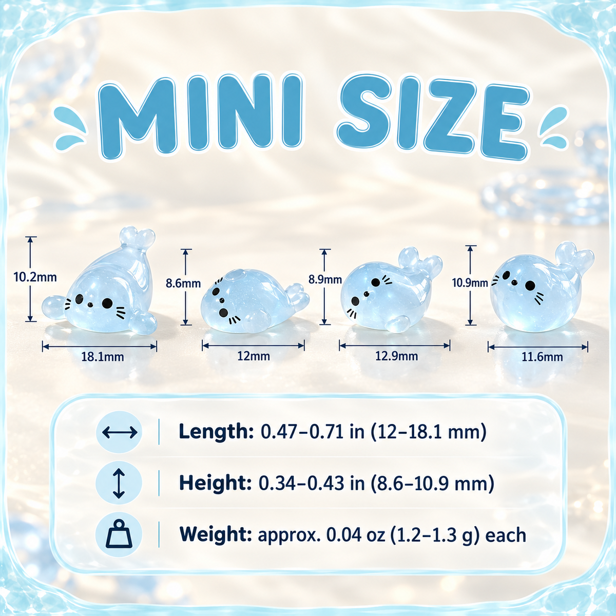 Mini seal figurine size chart with inch millimeter and weight measurements