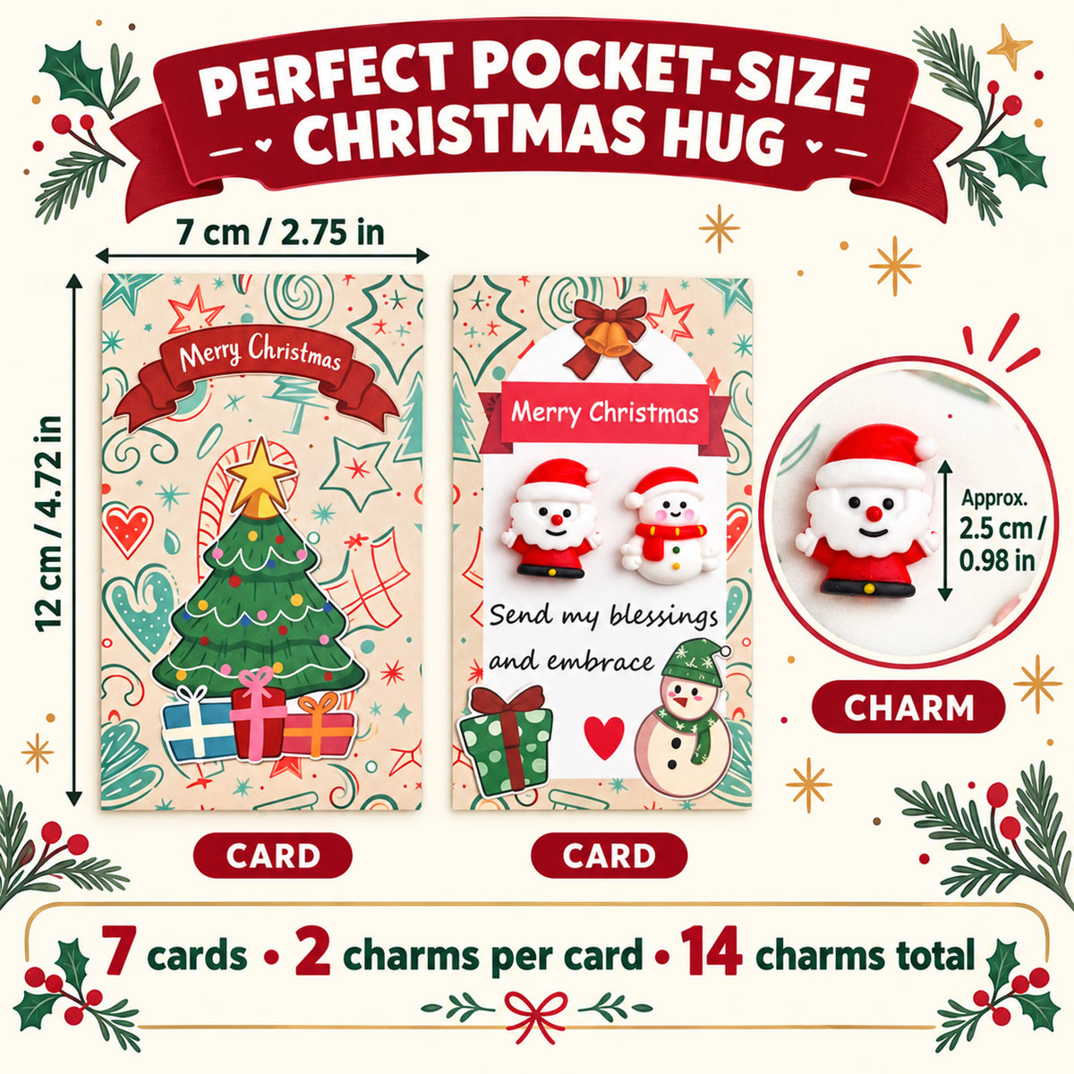Christmas pocket hug card size 7 by 12 centimeters with 2.5 centimeter resin charms