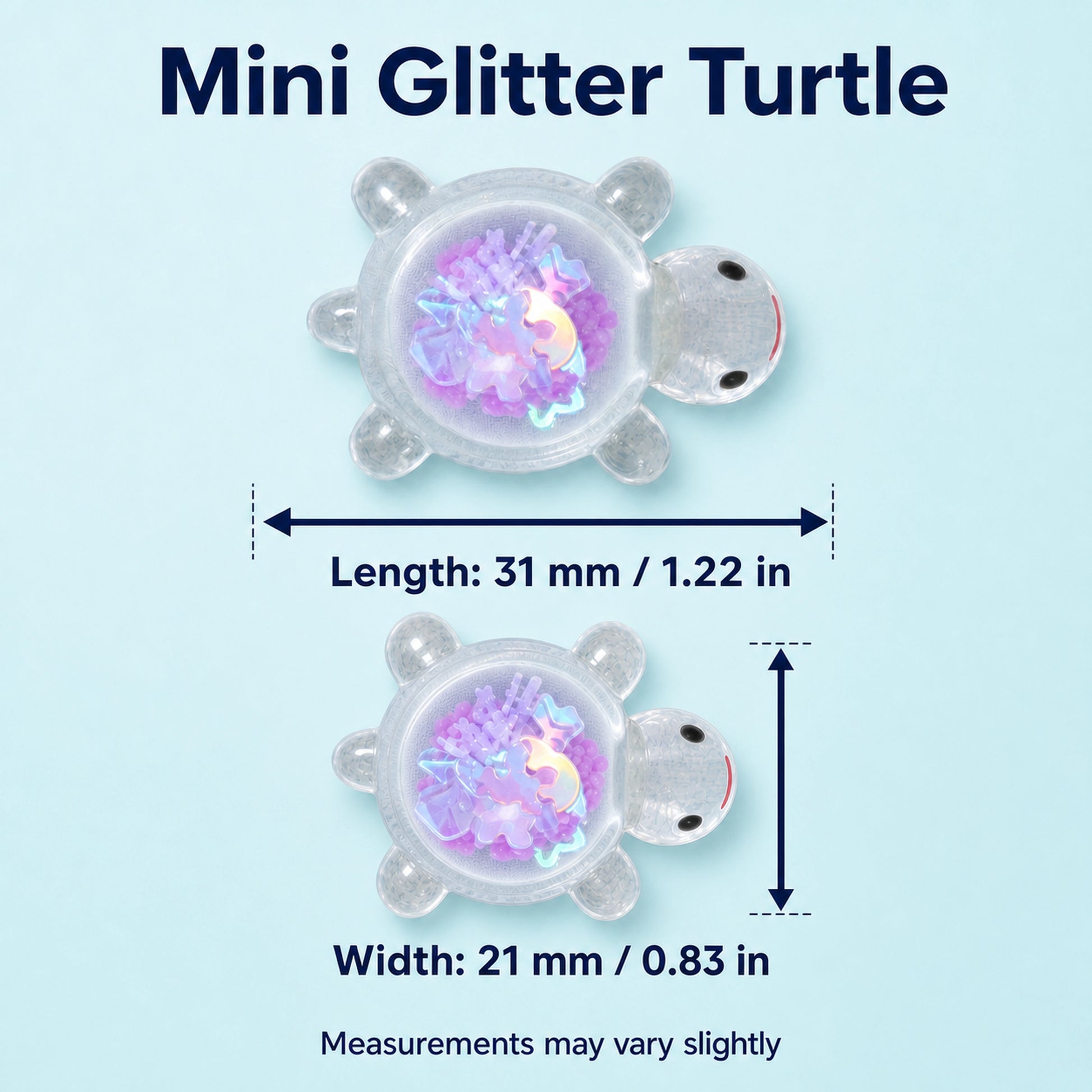 Transparent glitter turtle size guide showing 31 mm length and 21 mm width