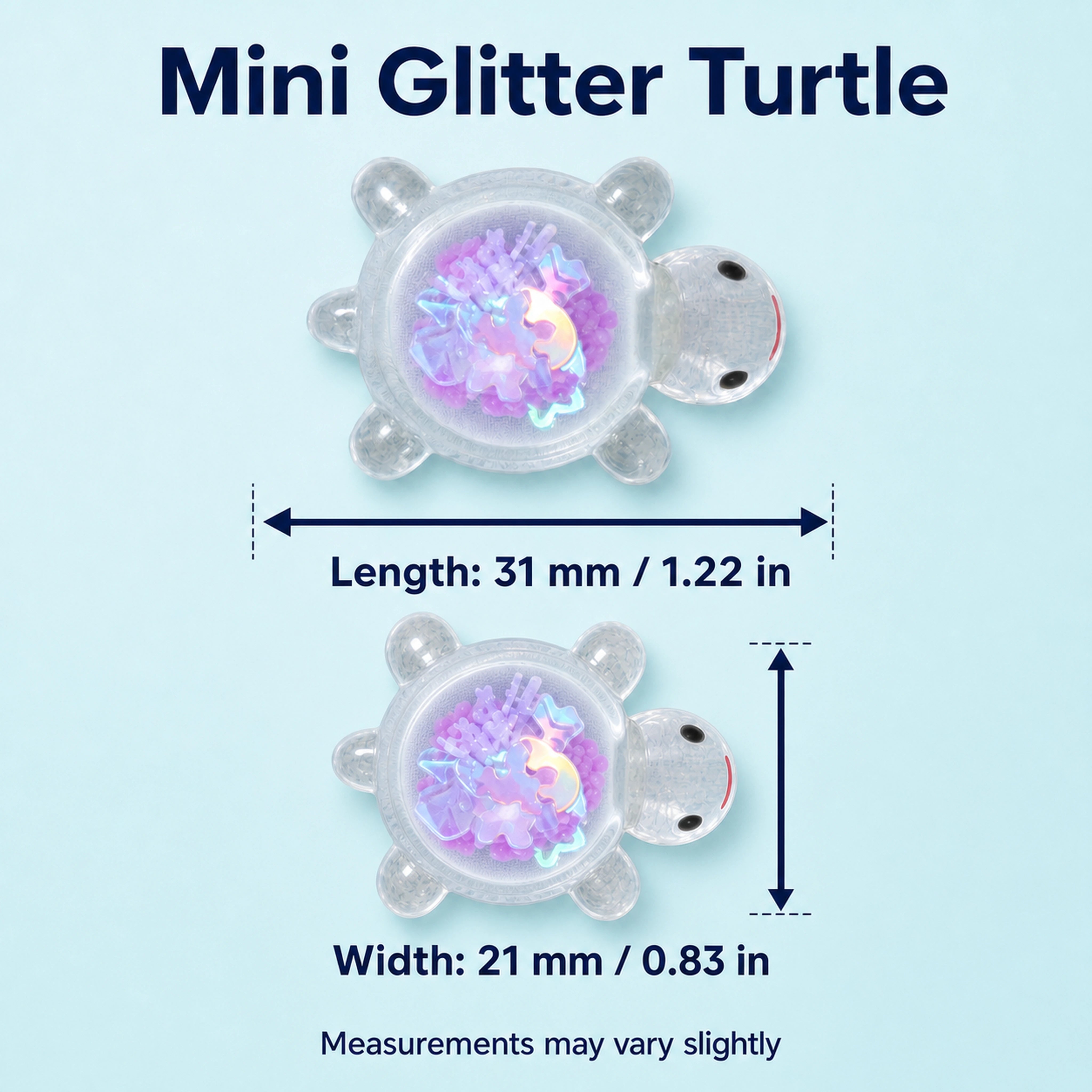 Transparent glitter turtle size guide showing 31 mm length and 21 mm width