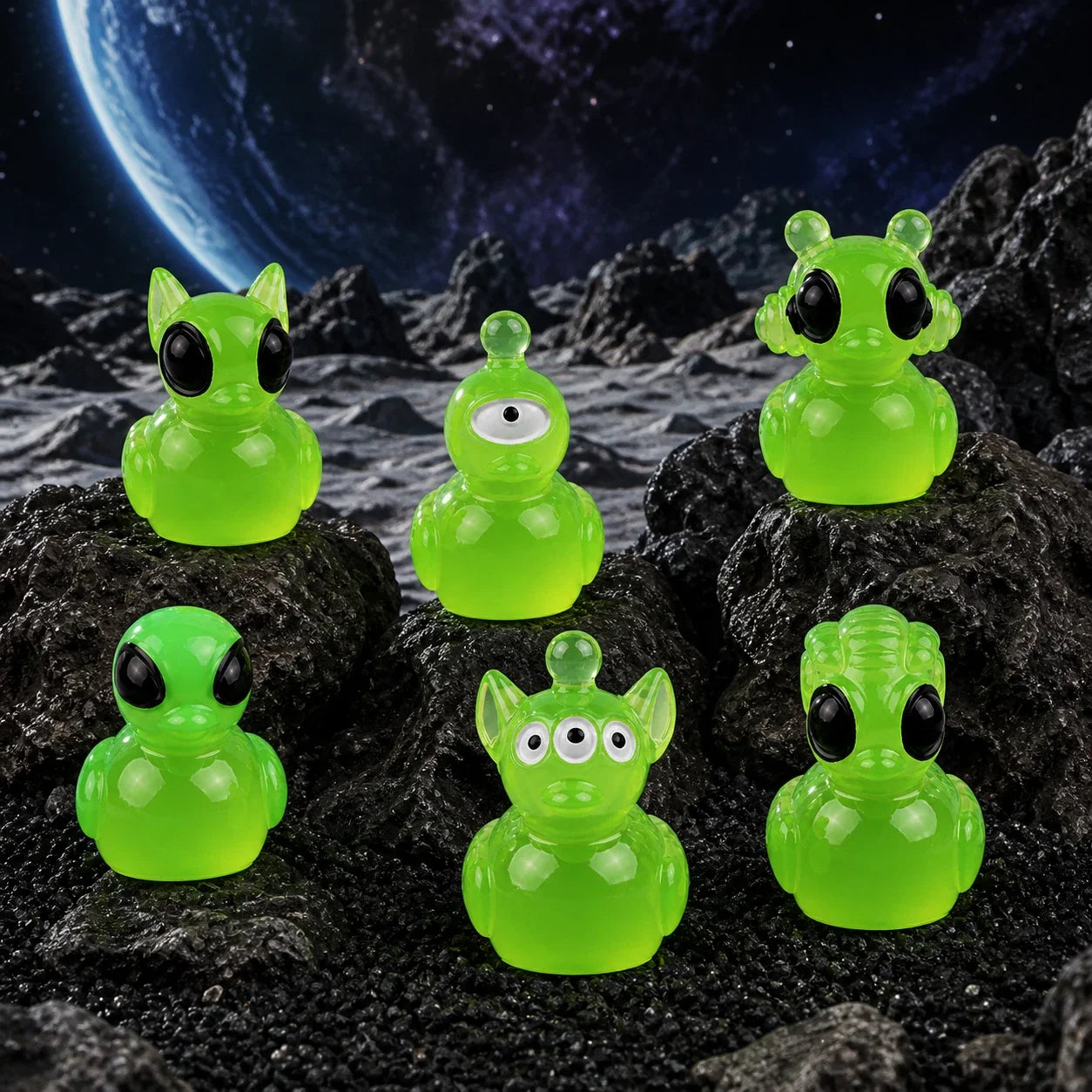 Alien duck miniatures on a moon landscape