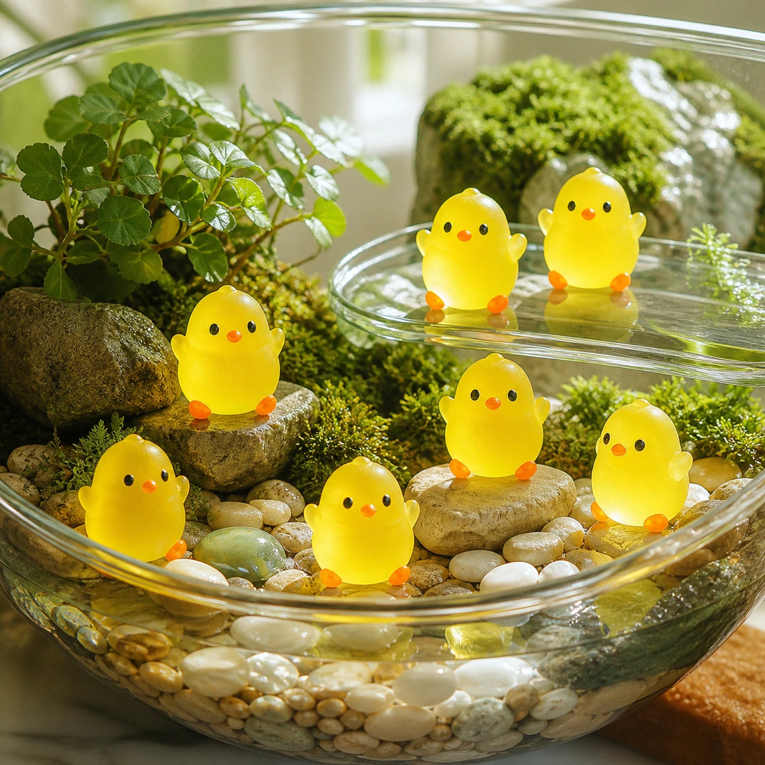 Glow-in-the-dark mini resin chick figurines in a colorful bulk assortment