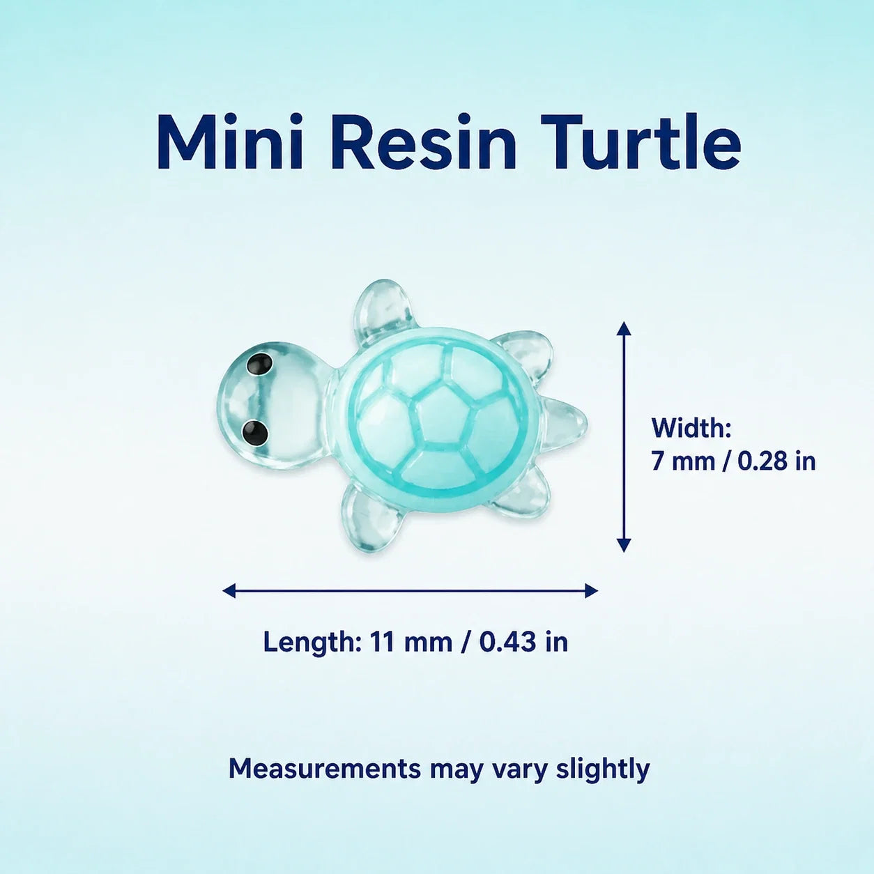 Mini resin turtle dimensions showing 11 mm length and 7 mm cross-body width
