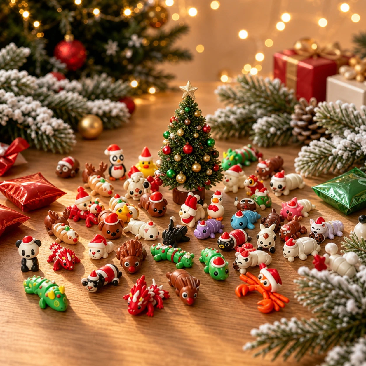 Christmas animal mystery toys gathered around a festive miniature tree