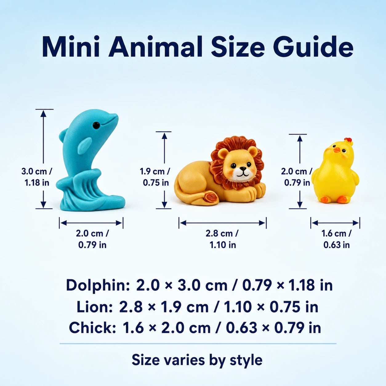 Mini animal figurine size guide showing dolphin lion and chick measurements