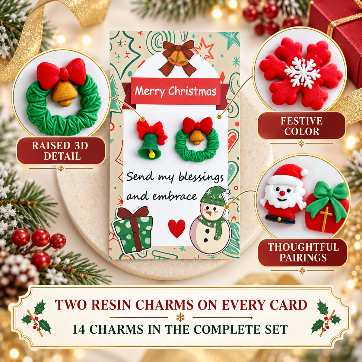 Close-up of two raised resin charms attached to each Christmas pocket hug card