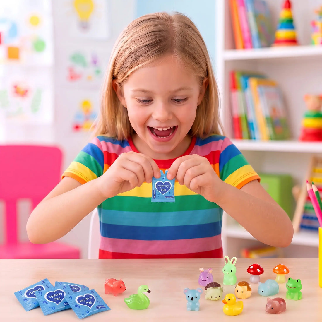Blue mystery bags with colorful translucent mini animal and mushroom figures