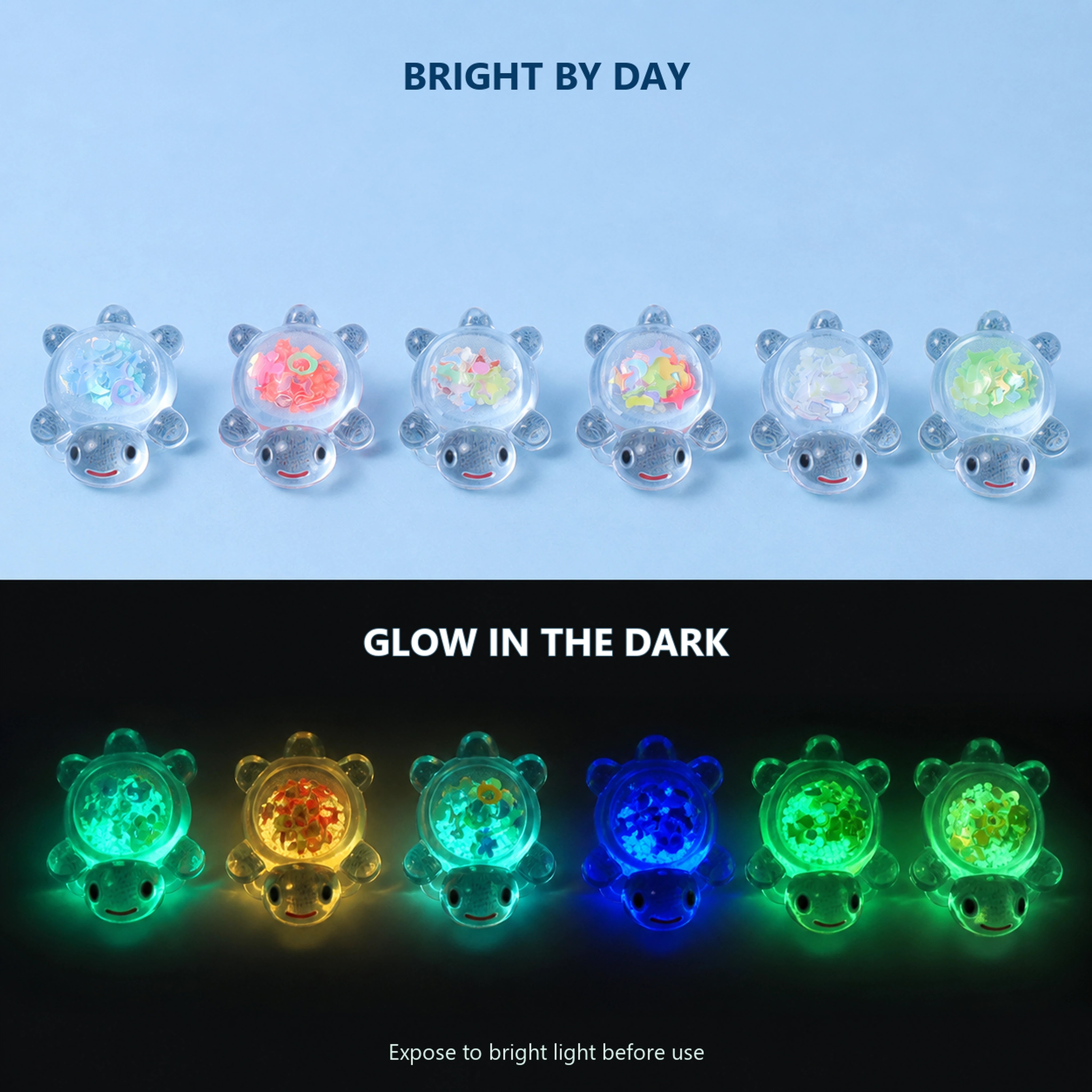 Transparent glitter turtle figurines in daylight and glowing in the dark