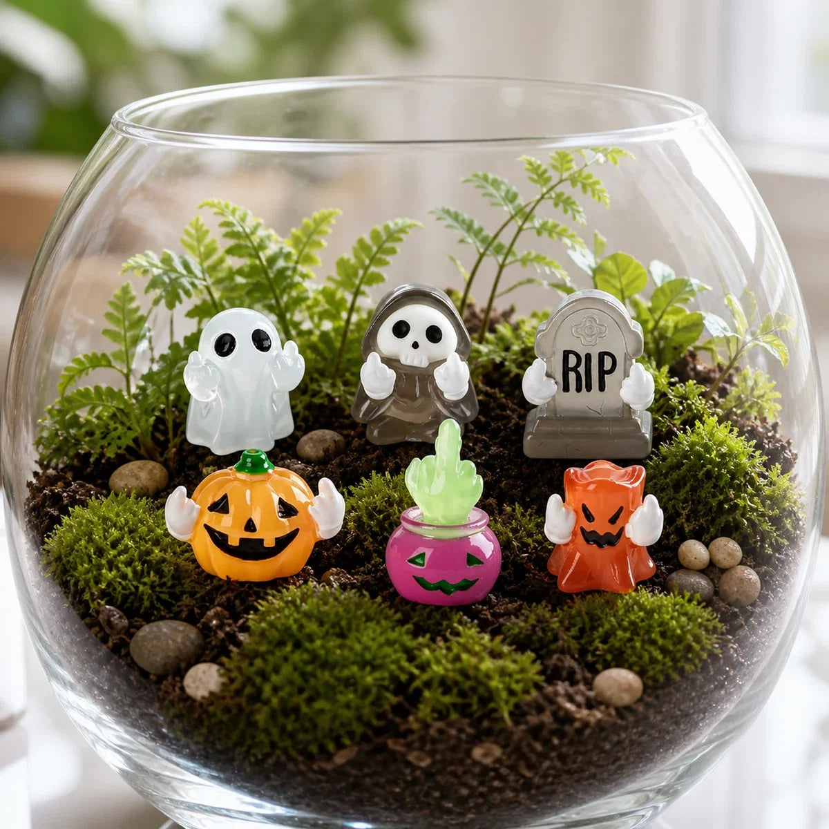 Halloween miniatures in a moss terrarium