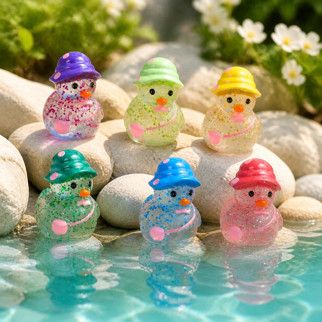 Colorful glitter duck mini figurines styled beside a turquoise pool