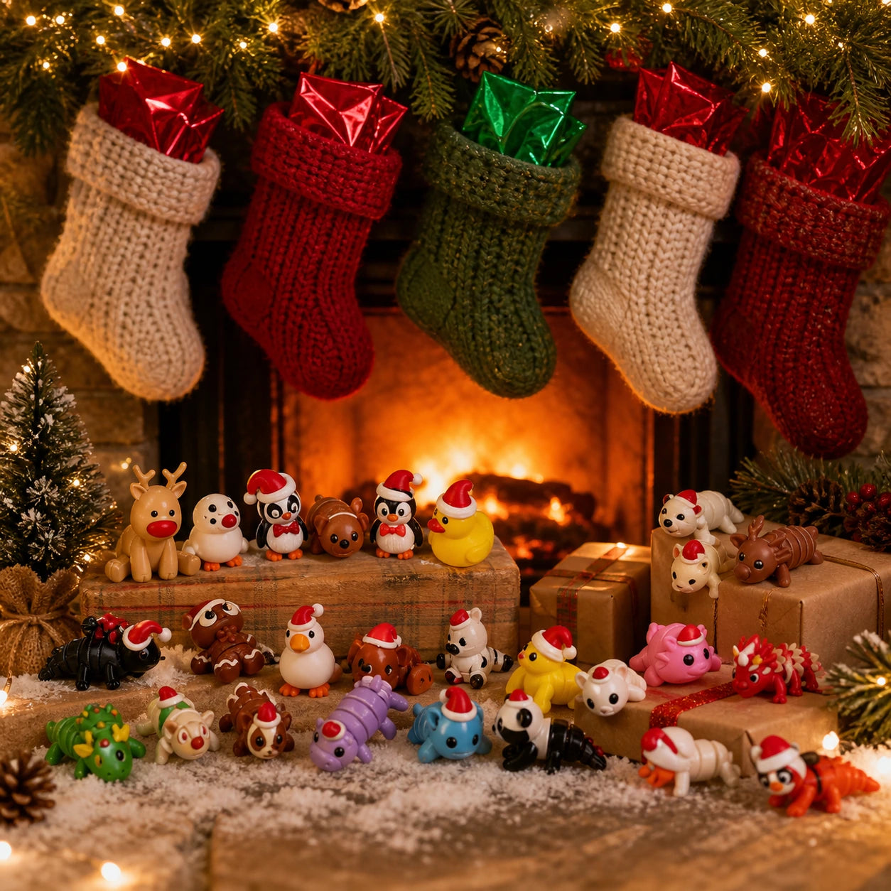 Christmas animal blind bags and stocking stuffer toys by a cozy fireplace