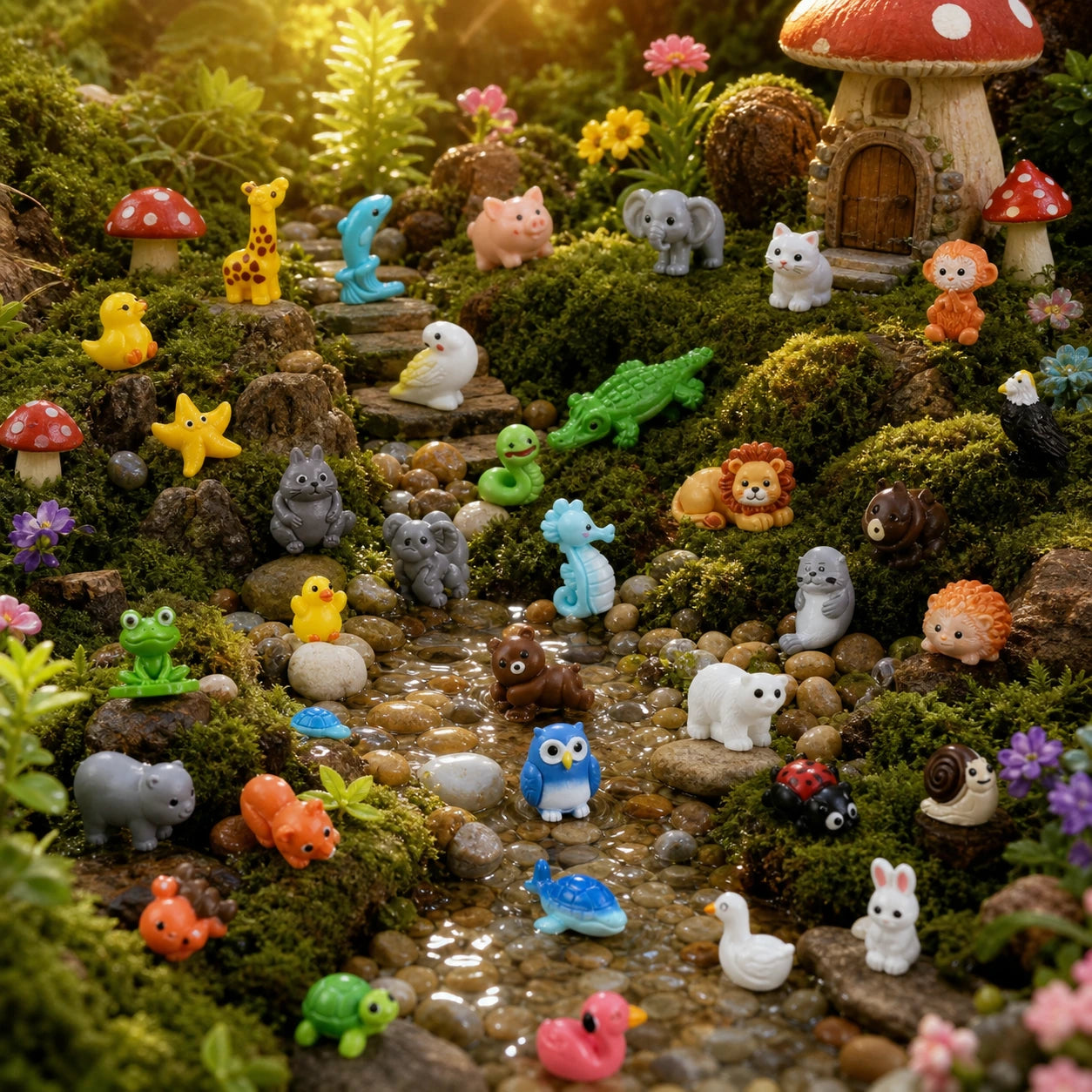 Colorful mini animal figurines decorating a magical fairy garden