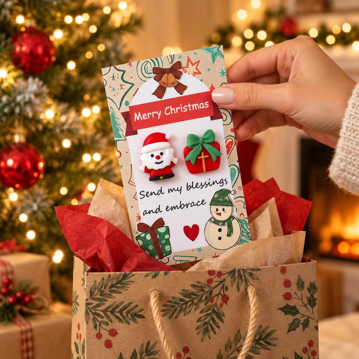 Christmas pocket hug card being placed in a holiday gift bag