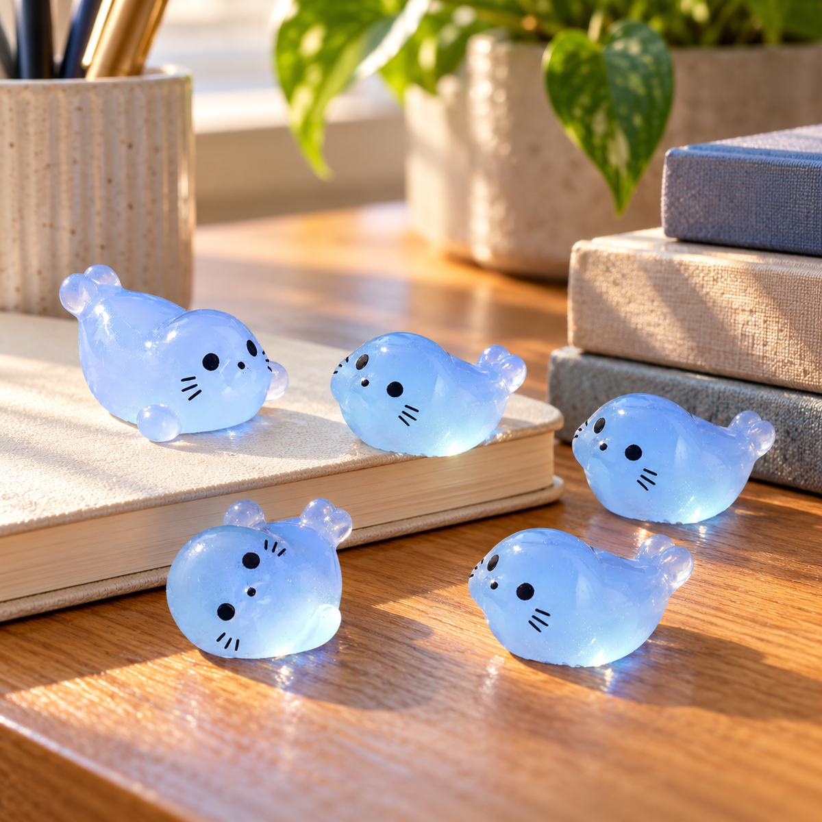 Tiny blue seal figurines displayed on books and a modern home office desk