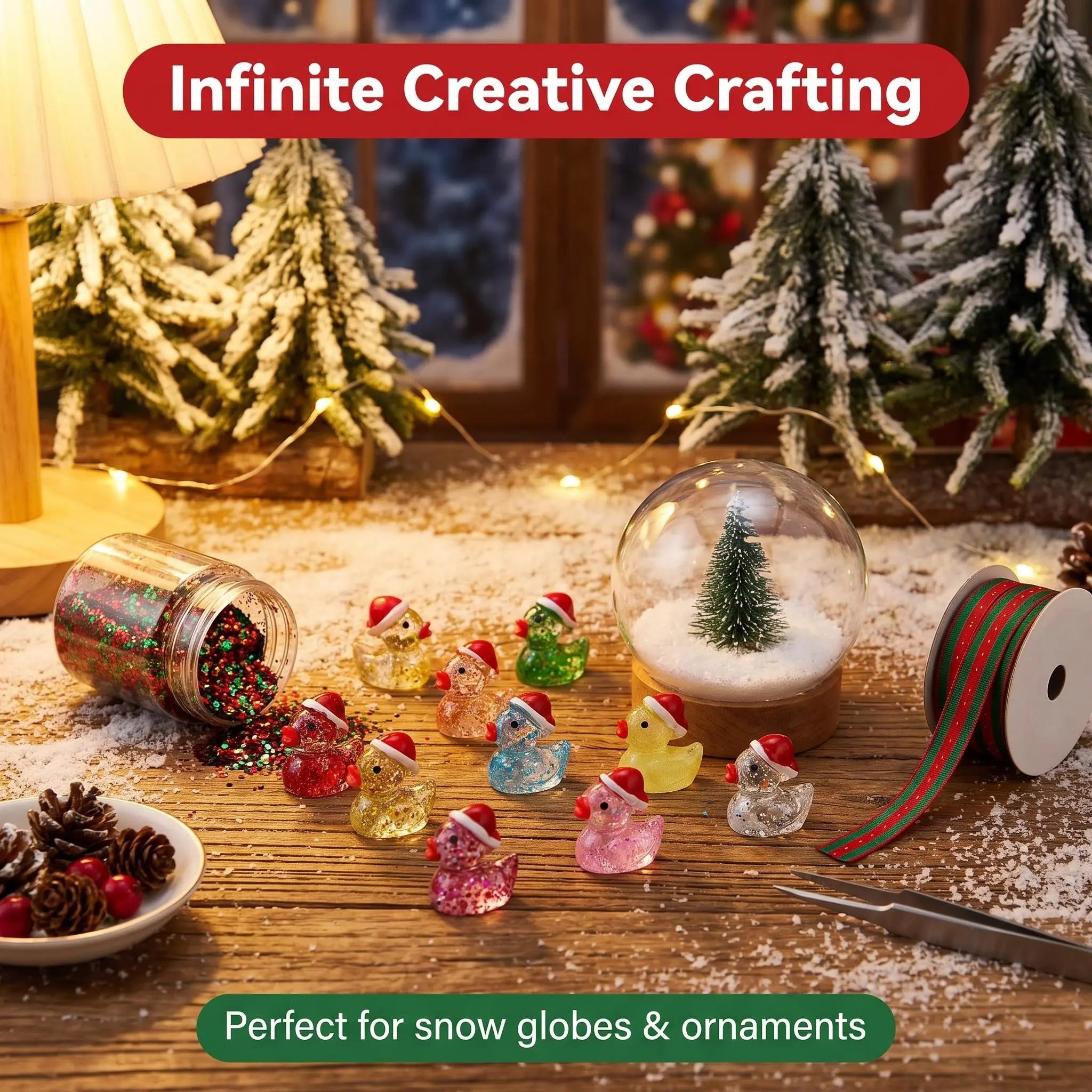 Mini Christmas Glitter Resin Ducklings | Colorful Holiday Santa Hat Mystery Bulk Grab Bag Miniature Festive Decor Pieces